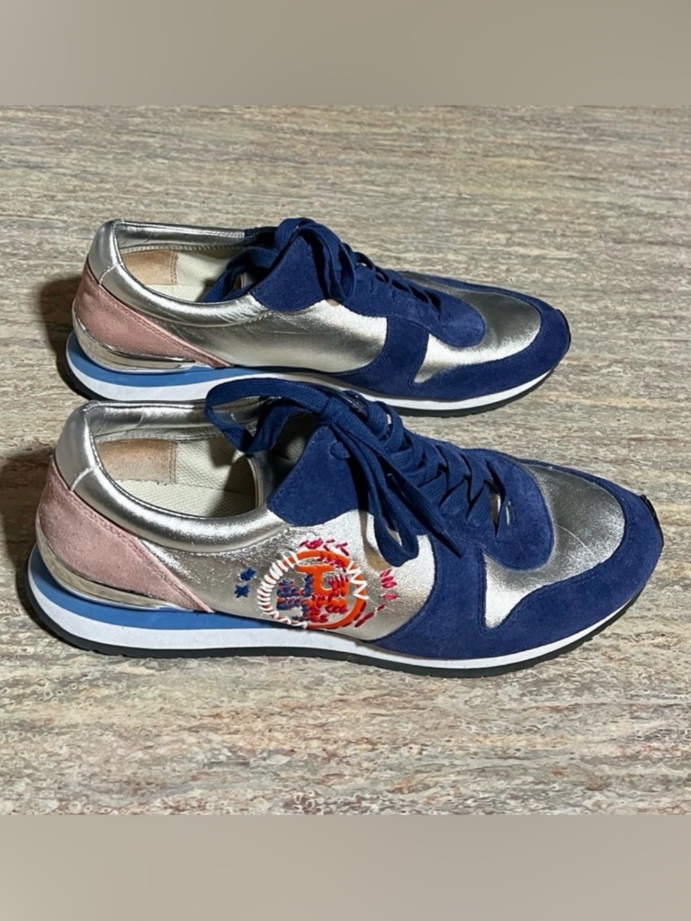 Tory Burch Silver/ Navy/ Sea Victorian Brielle Leather & Suede Sneakers - Picture 4 of 15